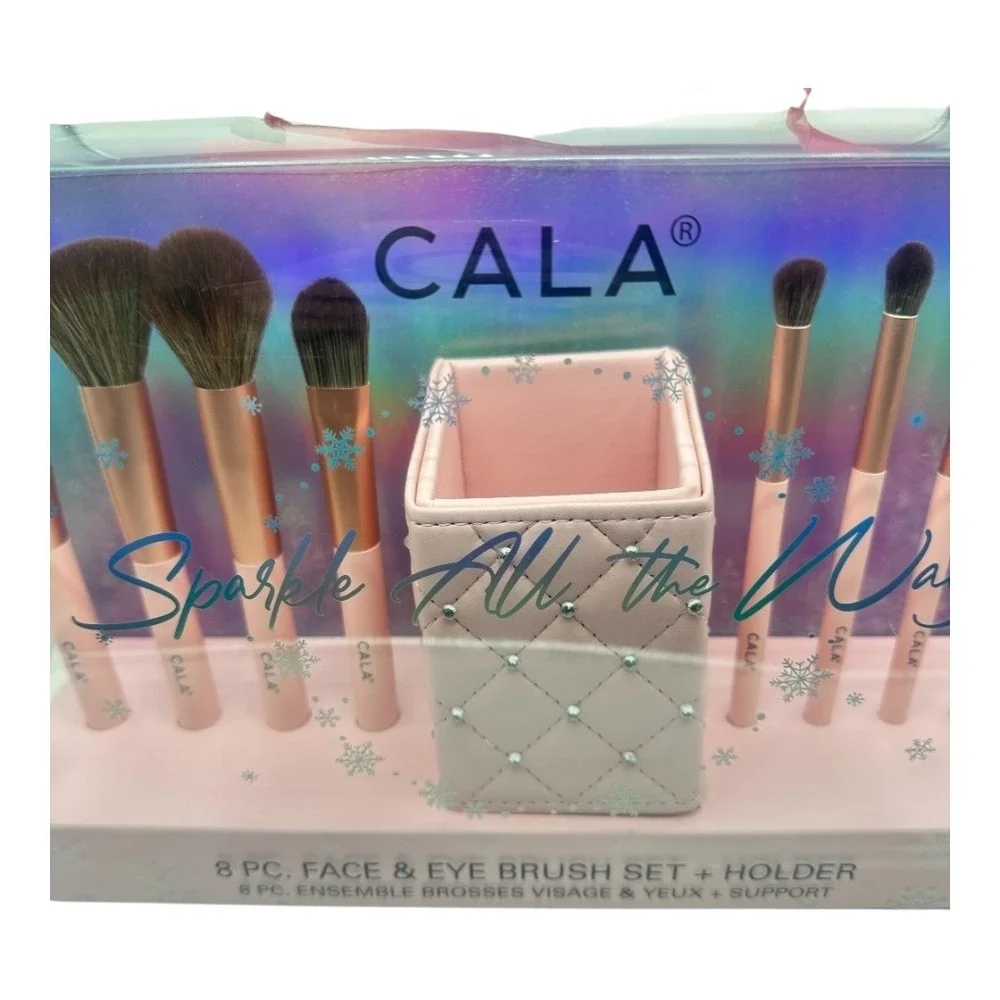 CALA 8‎ Pc Face & Eye Brush Set w Holder Pink Sparkle NIB